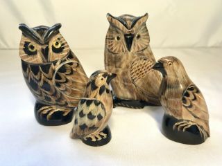 Vintage Intricately Hand Carved Water Buffalo Horn Scrimshaw Owls/birds Set Of 4