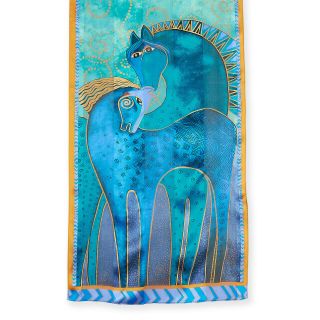 Laurel Burch Lbs210 Teal Mares 53 " X11 " 100 Silk Artistic Scarf Golden Accents