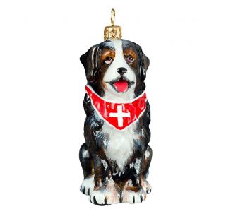 Bernese Mountain Dog With Swiss Cross Bandana Polish Glass Christmas Ornament