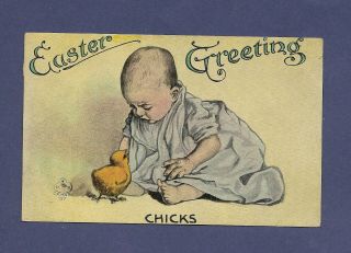 Antique Postcard Easter Greetings Baby With Chick Crane 