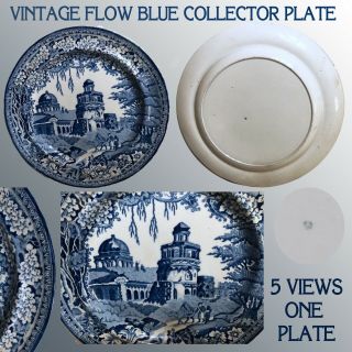 Vintage Flow Blue 10 " Dinner Plate With Castle Deep Blue Transfer Design