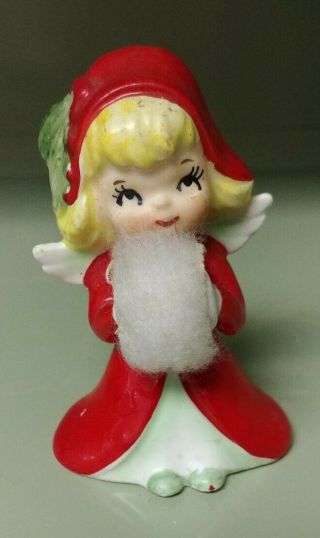 Vtg Lefton Christmas Angel Girl Figurine With Fur Muff,  Red Coat 3 " Blonde Hair