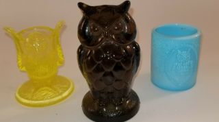 3 Owl Figure Westmoreland Vaseline Yellow Owl Toothpick Blue Milk Glass Olive Gr