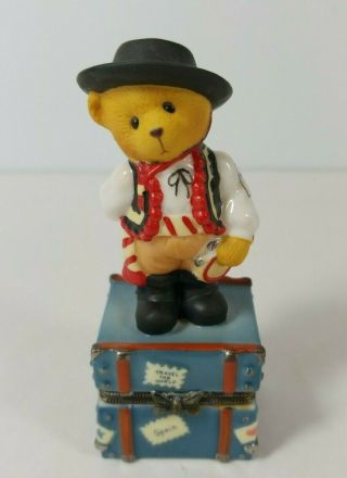 1998 Cherished Teddies Across The Seas " Spain " Figurine Covered Trinket Box 4 "