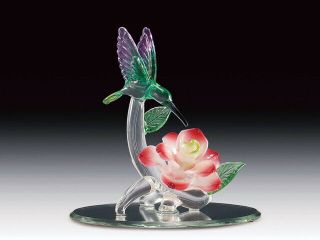 Glass Purple And Green Hummingbird Figurine With Pink Rose Figurines Birds 4 " H