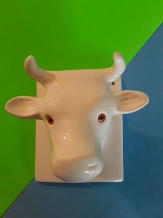 Vtg Cow Or Bull Head,  White Ceramic,  7 1/4 " Tall,  Towel,  Apron Wall Hook.  Moo