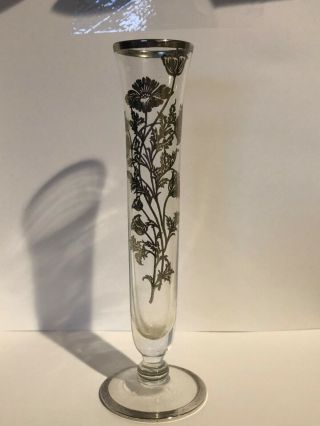 Vintage Clear Glass Bud Vase With Raised Silver Floral Pattern 7” Tall