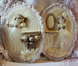 Set Of 2 Vintage Chalkware Wall Plaques,  Victorian Style 3 - D Woman W/ Dog & Deer