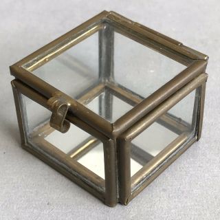 Vtg 1980s Hinged Glass Trinket Jewelry Box Brass Mirror Square Home Ornament