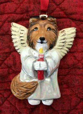 Christmas Angel Sheltie Dog Tree Ornament Ooak Sculpture Painting Art