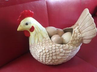 Rare Vtge Large Ceramic Chicken Hen Sitting On Straw Nest W/ Dozen Eggs