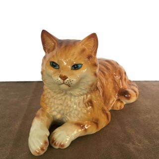 Cat Figurine Porcelain Kitten Orange Brown Tabby 10.  5 " Long Glossy C - 1 Vtg