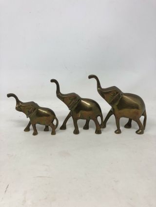 Vintage Brass Elephant Family Figurine Set Of 3 Trunks Up Mid Century Modern
