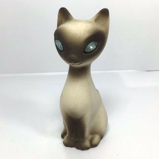 Vintage Roselane Usa Pottery Siamese Cat Figurine Blue Rhinestone Eyes 5” X 2.  5”