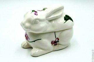 3.  5 " Ceramic Bunny Rabbit Trinket Box - White W/hand Painted Purple Flowers