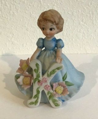 Vintage Porcelain Figurine Girl In A Blue Dress With Letter Initial K