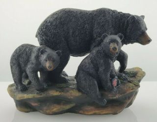 Black Bear With 2 Cubs On Rock Figurine Statue Resin Old Stock