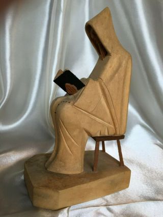 Wood Carving Monk Seated On Stool Reading Collectible Catholic