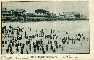 Rehoboth Beach De Delaware Fun In The Surf Horns Pavilion Souvenir 1907 Postcard