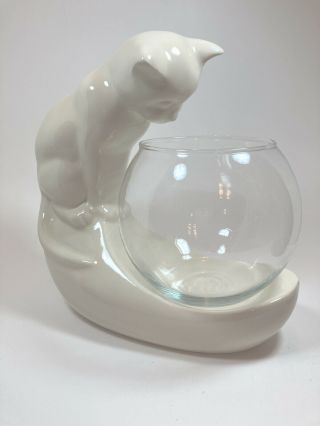 Vintage Haeger Ceramic White Cat And Glass Fish Bowl Mcm Mid Century Retro