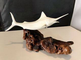 Vintage White Marlin Sculpture By John Perry With Large Burlwood Base.