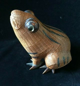 Vintage Wicker Rattan Frog Figure Wooden Feet 6.  5 "
