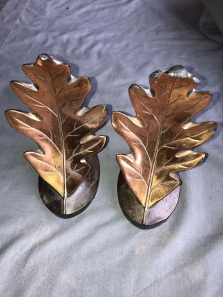 Vintage Mid Century Philadelphia Metal Co.  Copper Brass Oak Leaf Bookends - Pair
