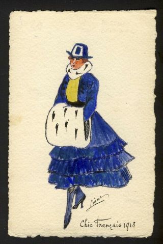 Handmade Hand Drawn / Painted - Fashion 1918 Woman In Blue Dress Fur Muff Artist