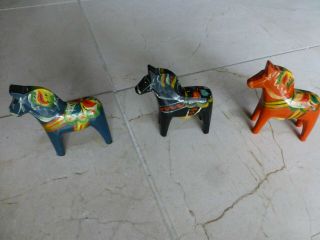 3 Hand Painted Wood Dala Horses Sweden Nils Olsen 3 " Tall With Stickers