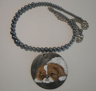 Japanese Chin Dog Bead Necklace Hand Painted Ceramic Pendant