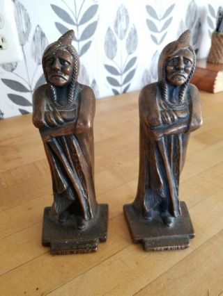 Vintage 1930s Or 1940s Brass Bookends Native American Chief,  Heavy,  Felt Bottoms