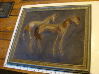 Art: 2 Horses Formed Burlap,  Framed,  Signed In Lower Right