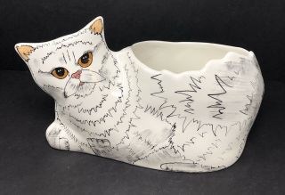 Large Cats By Nina Lyman Hand Painted White Ceramic Persian Cat Vase Planter