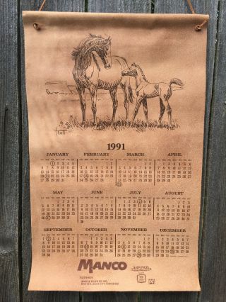 Rare 1991 Sam Savitt Leather Calendar Mare And Foal Horse 15 " X 23.  5 " Art