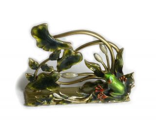 Vintage Enamel Rhinestones Frog & Lily Pads Business Card Letter Holder Green