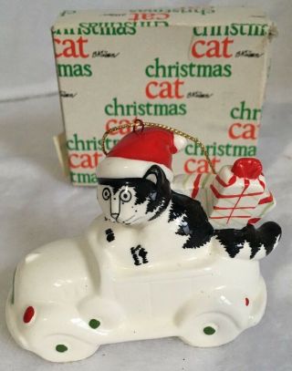 Vintage Kliban Cat Christmas 1981 Ornament Driving Car In Santa Hat With Gifts