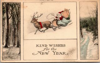 Vintage 1913 Santa Claus With Sleigh And Reindeer,  Happy Year Postcard