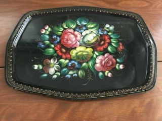 Vintage Tole Metal Tray Hand Painted Floral Roses Black