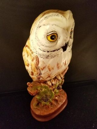 Vtg Signed Porcelain Ceramic Owl Figurine Statue Sitting Pine Tree Branch 10.  5 " H