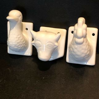Vintage Knobler Rooster Duck Cow Heads Wall Hook Towel Apron Holder Farm Ceramic