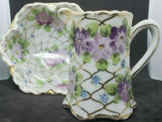 Vintage Hand Painted Porcelain Creamer/pitcher & Bowl Purple Flowers Gold Guild