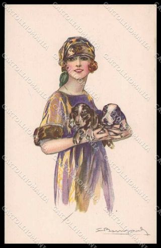 Artist Signed L Bompard Glamour Fashion Lady Art Deco Dog Serie 637 - 4 Pc Zg3430
