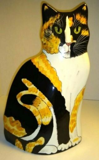 Cats By Nina Lyman Ceramic Cat 11.  5 " Vase Calico Tabby Green Eyes