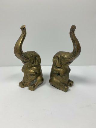 Vintage Brass Elephant (trunks Up) Bookends By Olee - Made In Korea