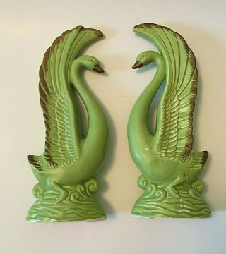 Set Of 2 Vintage Green & Gold Ceramic Swans Figurines 9 1/2 " Tall Japan