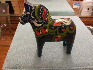 Vintage Nils Olsson Blue Dala Carved Wood Hand Painted Horse Sweden 4 "