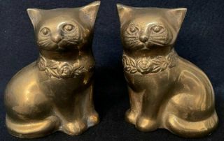 Vintage Set Of 2 Brass Cat Book Ends 5 " Statues Heavy