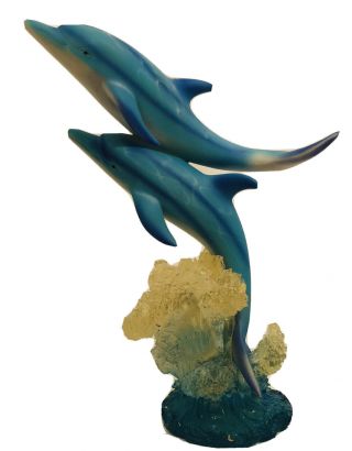 Marine Life Ocean Two Blue Dolphins Swimming In The Waves Statue