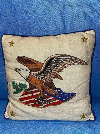 Vintage Handmade Crewel Embroidered Eagle Throw Pillow