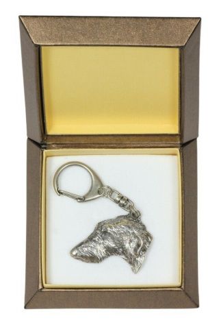 Scottish Deerhound Keychain In A Box,  Silver Plated Key Ring Ca 2785